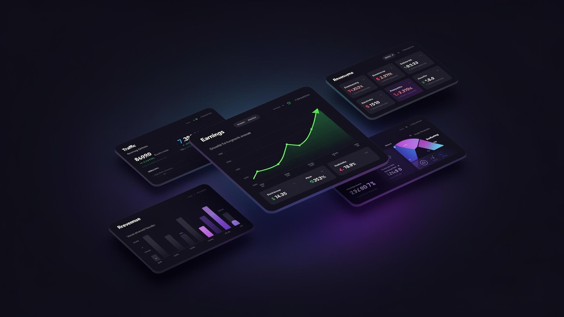 Digital asset dashboards showing traffic and earnings analytics